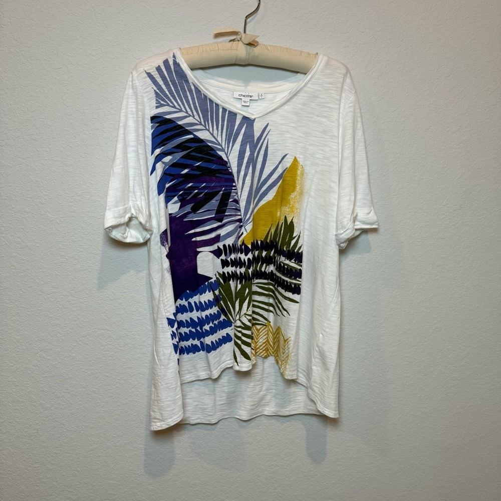 Chico's White Tee with Blue and Yellow Print Chico’s 2/L